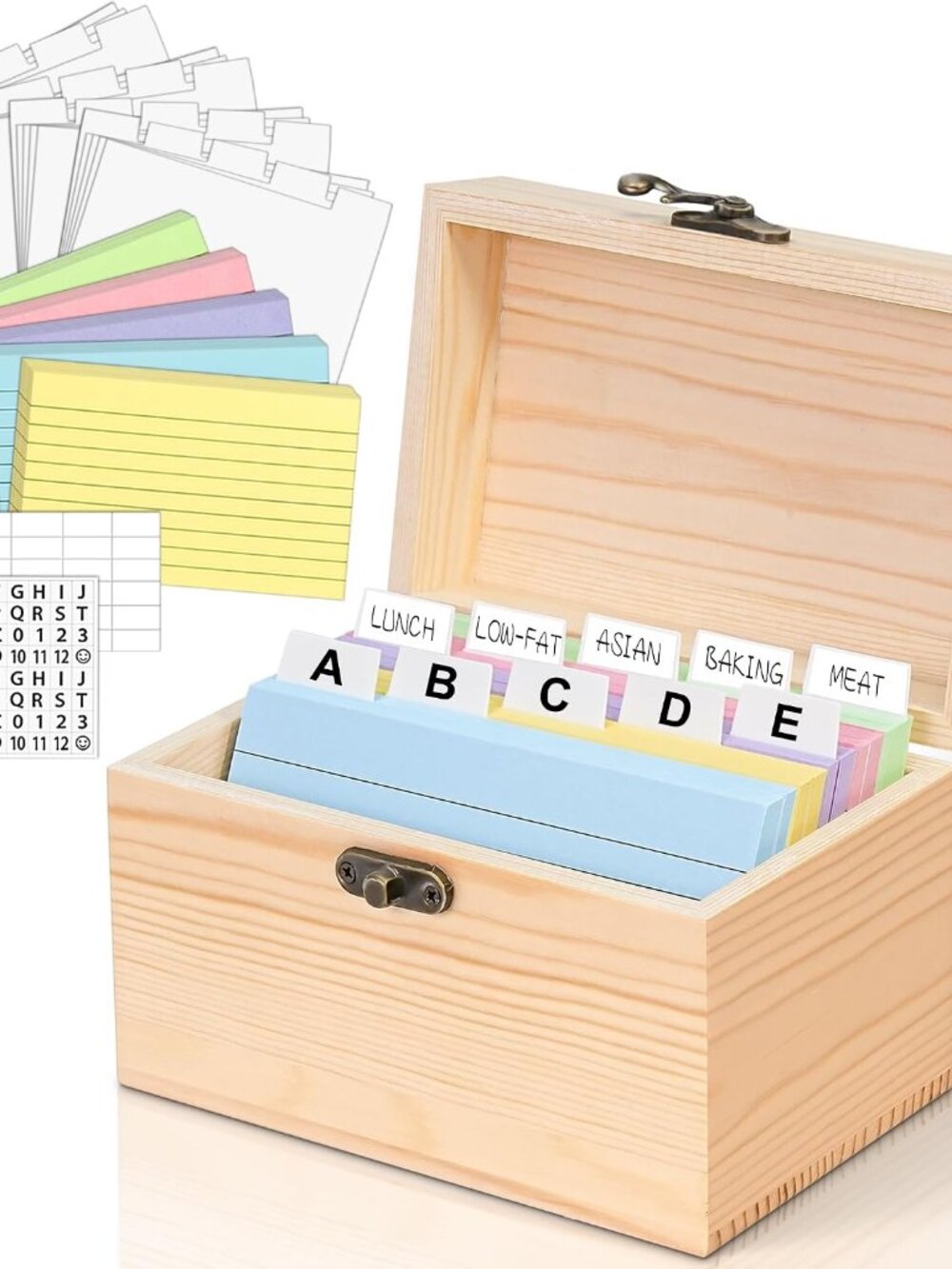 3x5 Wood Index Card Holder Box Set with 100 Flash Cards and 30 Dividers